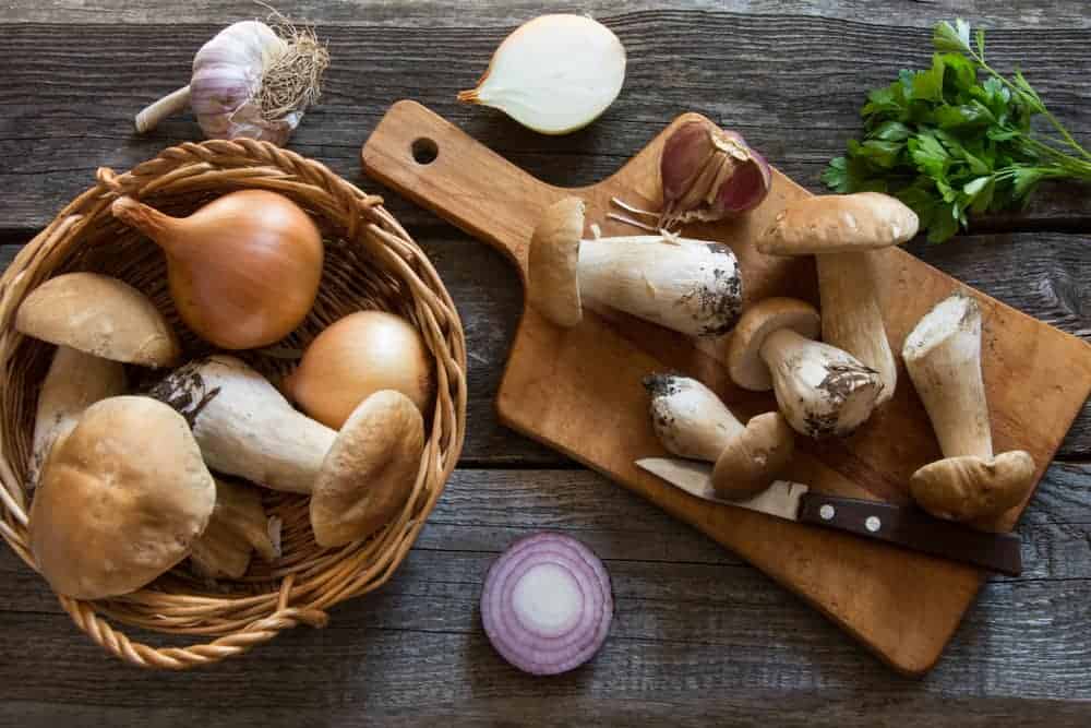 Onions, Garlic, and Mushrooms in a Basket