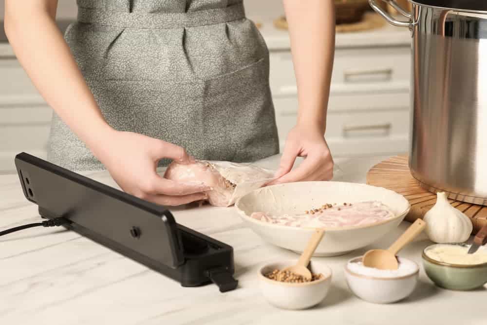 Woman Putting Marinated Chicken in a Vacuum Bag